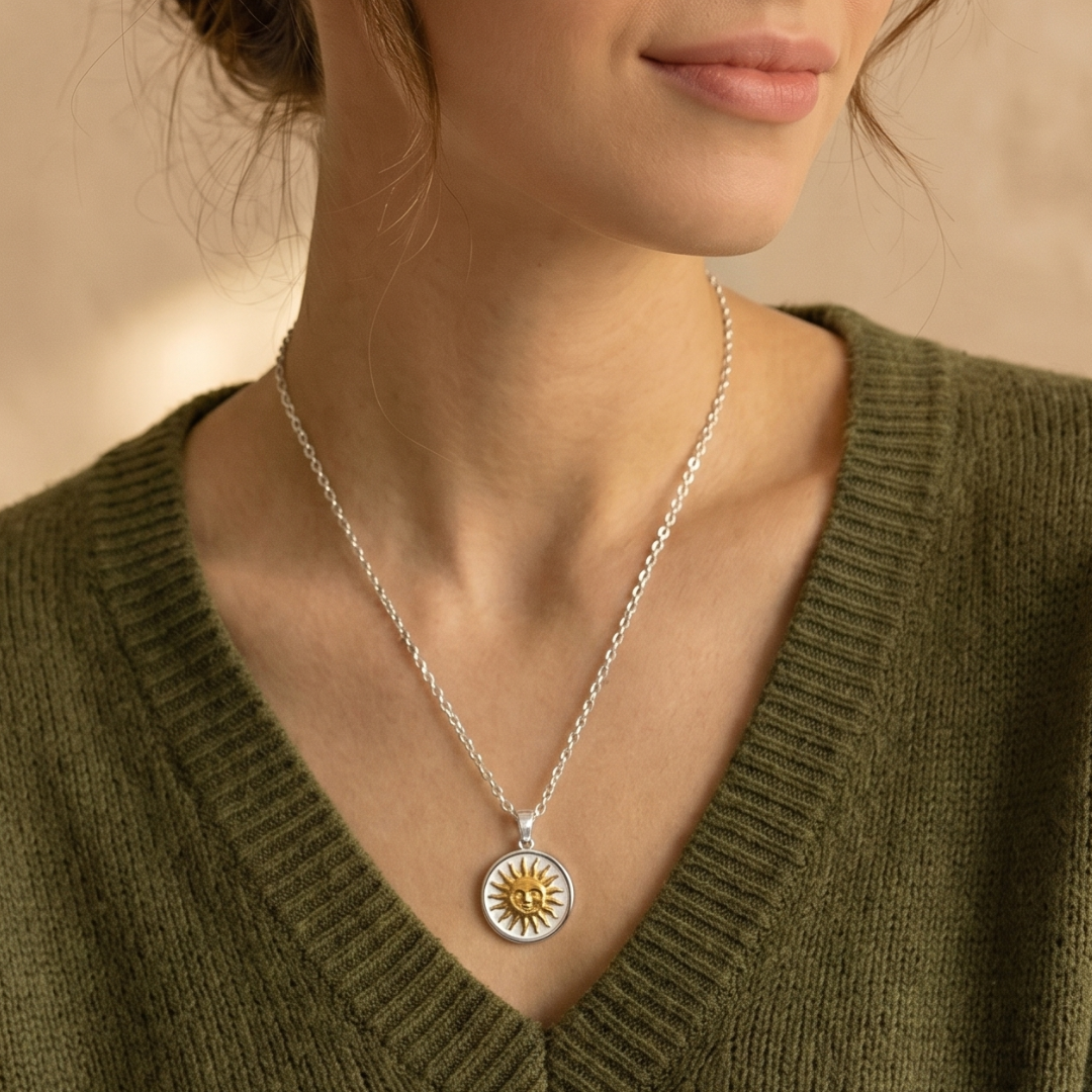 Two-Tone Vintage Sun Necklace | Silver Plated Chain with Water-Resistant Pendant Silver Plated Necklace