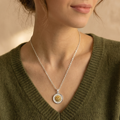 Two-Tone Vintage Sun Necklace | Silver Plated Chain with Water-Resistant Pendant Silver Plated Necklace