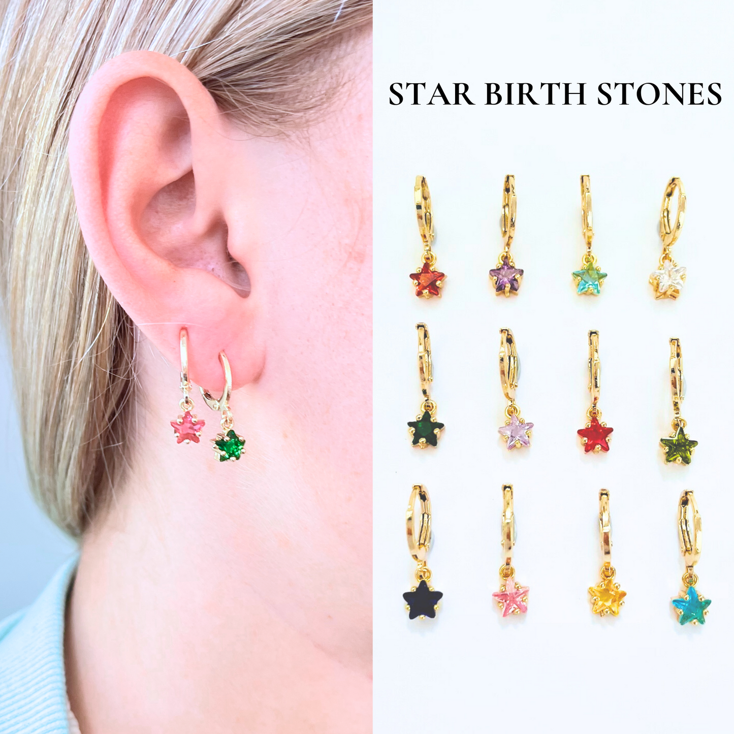Star-shaped birthstone earrings worn on an ear with a side view of the earrings.