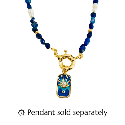 Lapis Lazuli Gemstone Necklace with a Gold Plated Bolt clasp and Blue Enamel Evil Eye Star Pendant on a white background, featuring a pendant sold separately text.