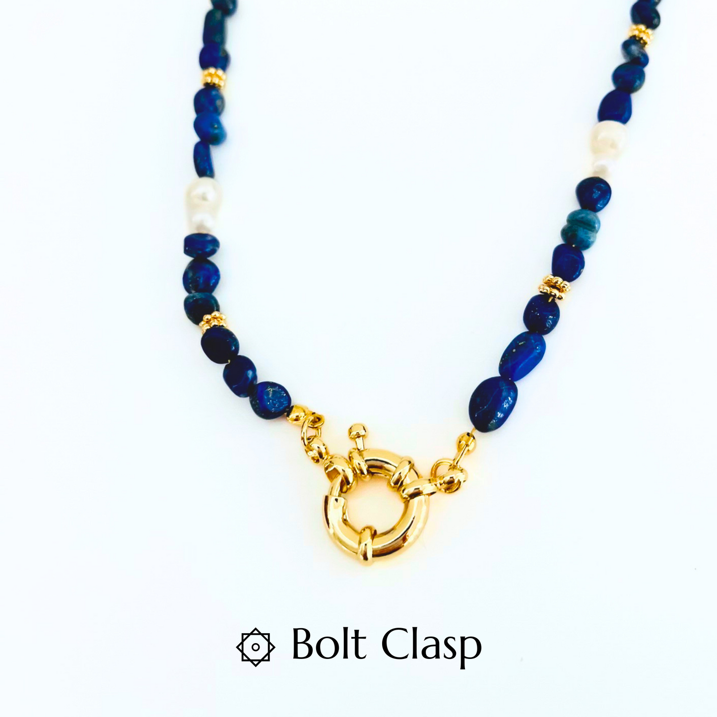 Lapis Lazuli Gemstone Necklace  with a Gold Plated Interchangeable Bolt Clasp on a white background