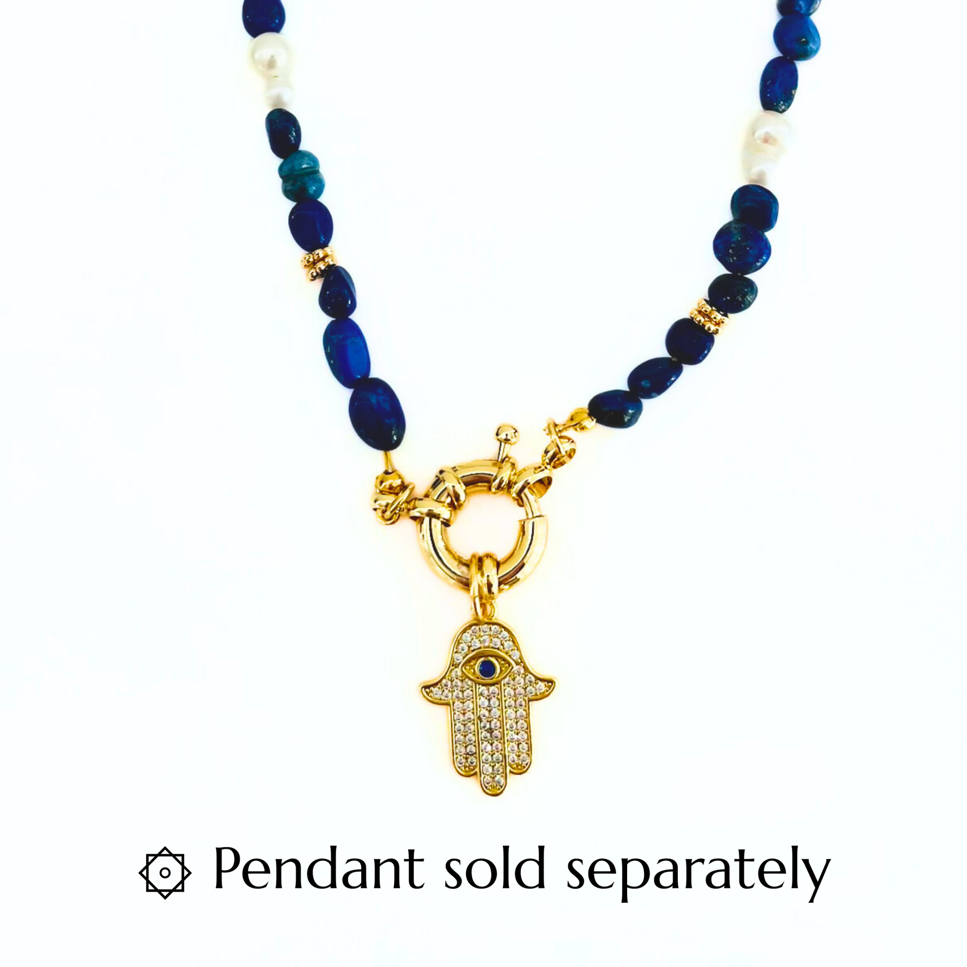 Lapis Lazuli Gemstone Necklace with a Gold Plated Bolt clasp and a CZ Hamsa Hand Evil Eye pendant on a white background, featuring a pendant sold separately text.