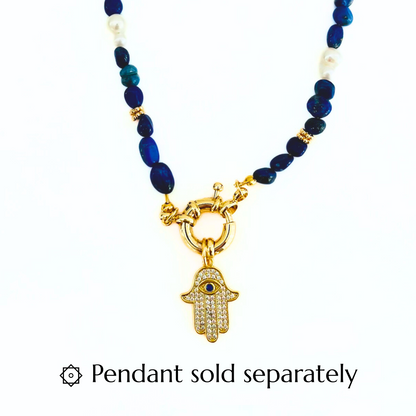 Lapis Lazuli Gemstone Necklace with a Gold Plated Bolt clasp and a CZ Hamsa Hand Evil Eye pendant on a white background, featuring a pendant sold separately text.