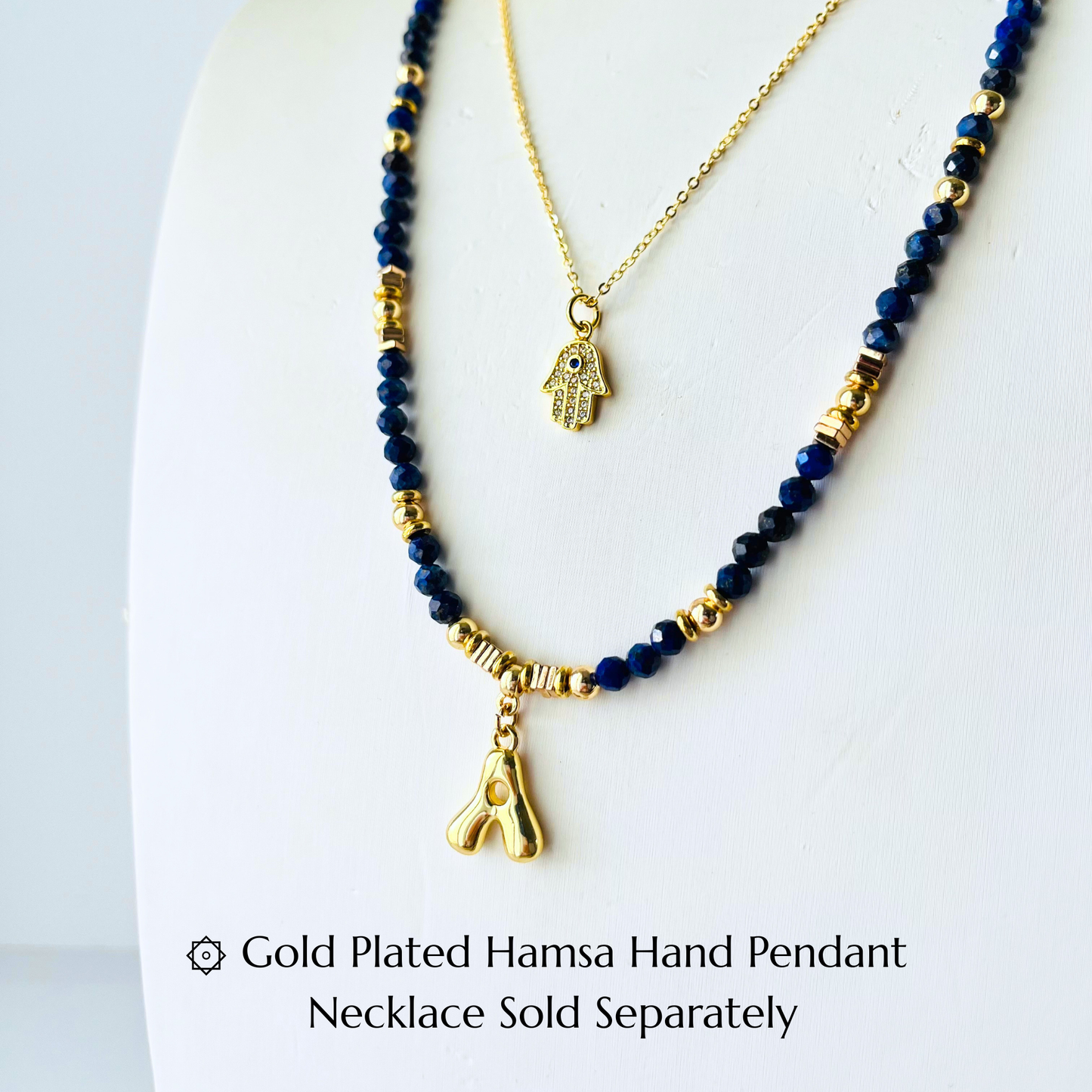 Lapis Lazuli Gemstone Necklace Customizable Bubble Letter Pendant Initial Charm Gemstone Necklace