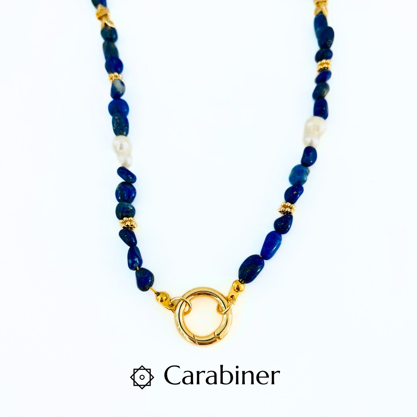 Lapis Lazuli & Pearl Gemstone Necklace with Gold Plated Interchangeable Canariner clasp on a white background, featuring the brand 'Carabiner'.