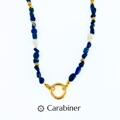 Lapis Lazuli & Pearl Gemstone Necklace with Gold Plated Interchangeable Canariner clasp on a white background, featuring the brand 'Carabiner'.