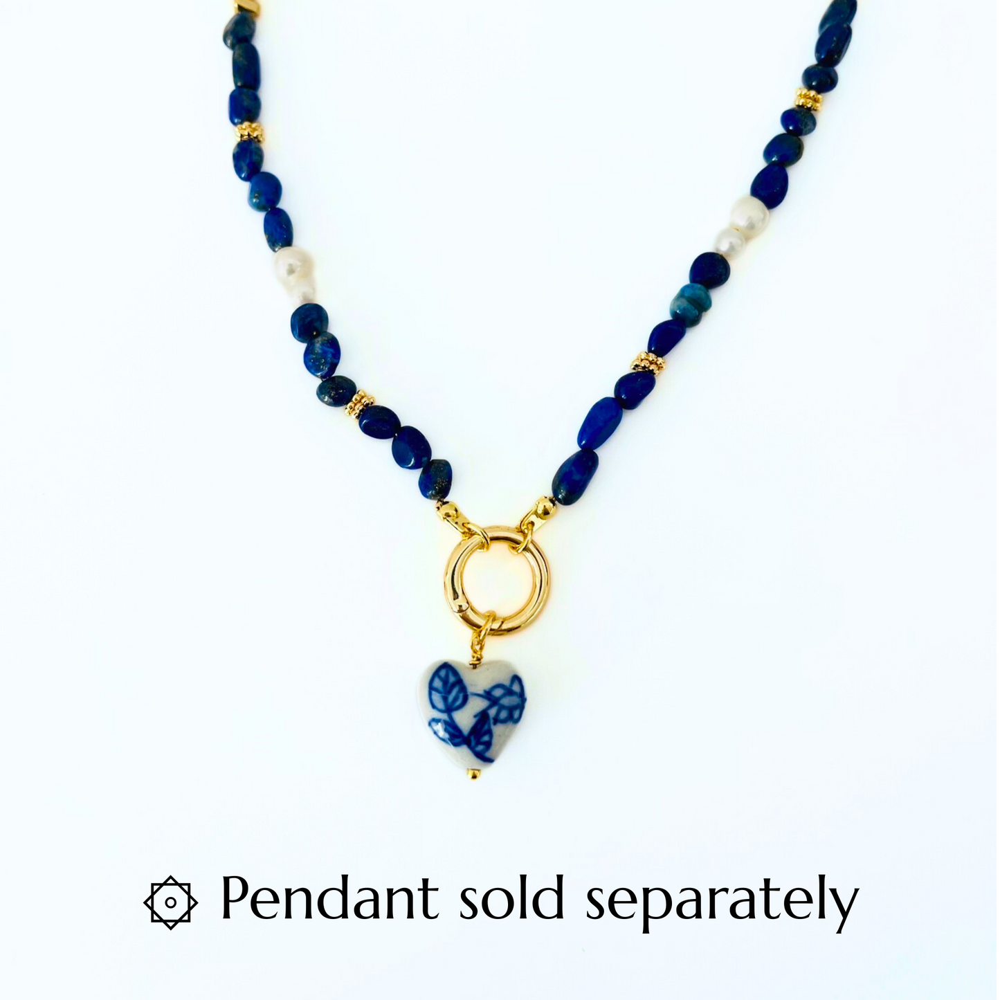Lapis Lazuli Gemstone Necklace with a Gold Plated Bolt clasp and a porcelain heart pendant on a white background, featuring a pendant sold separately text.