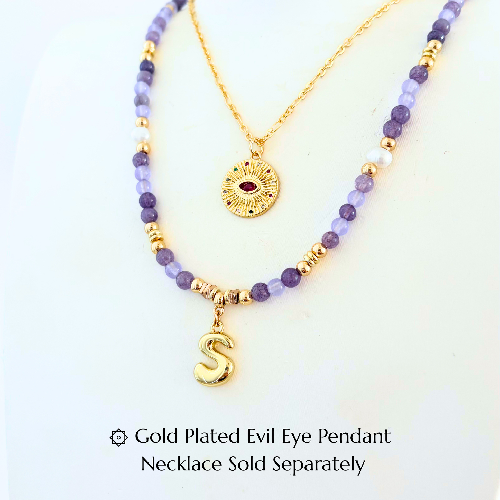 Lavender Purple Chalcedony Gemstone Necklace Customizable Bubble Letter Pendant Initial Charm Gemstone Necklace