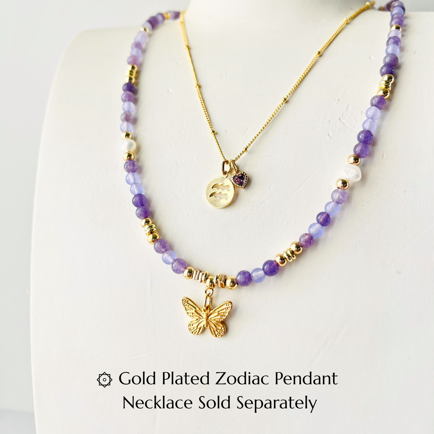 Lavender Purple Chalcedony Gemstone Necklace | Gold Plated Butterfly Pendant & Nugget Pearls Gemstone Necklace