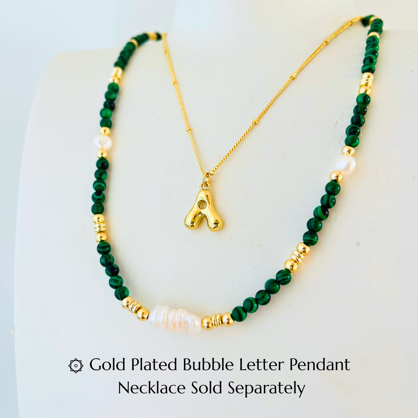 Malachite & Baroque Pearl Necklace | Ribbed Biwa & Nugget Pearls Gemstone Necklace