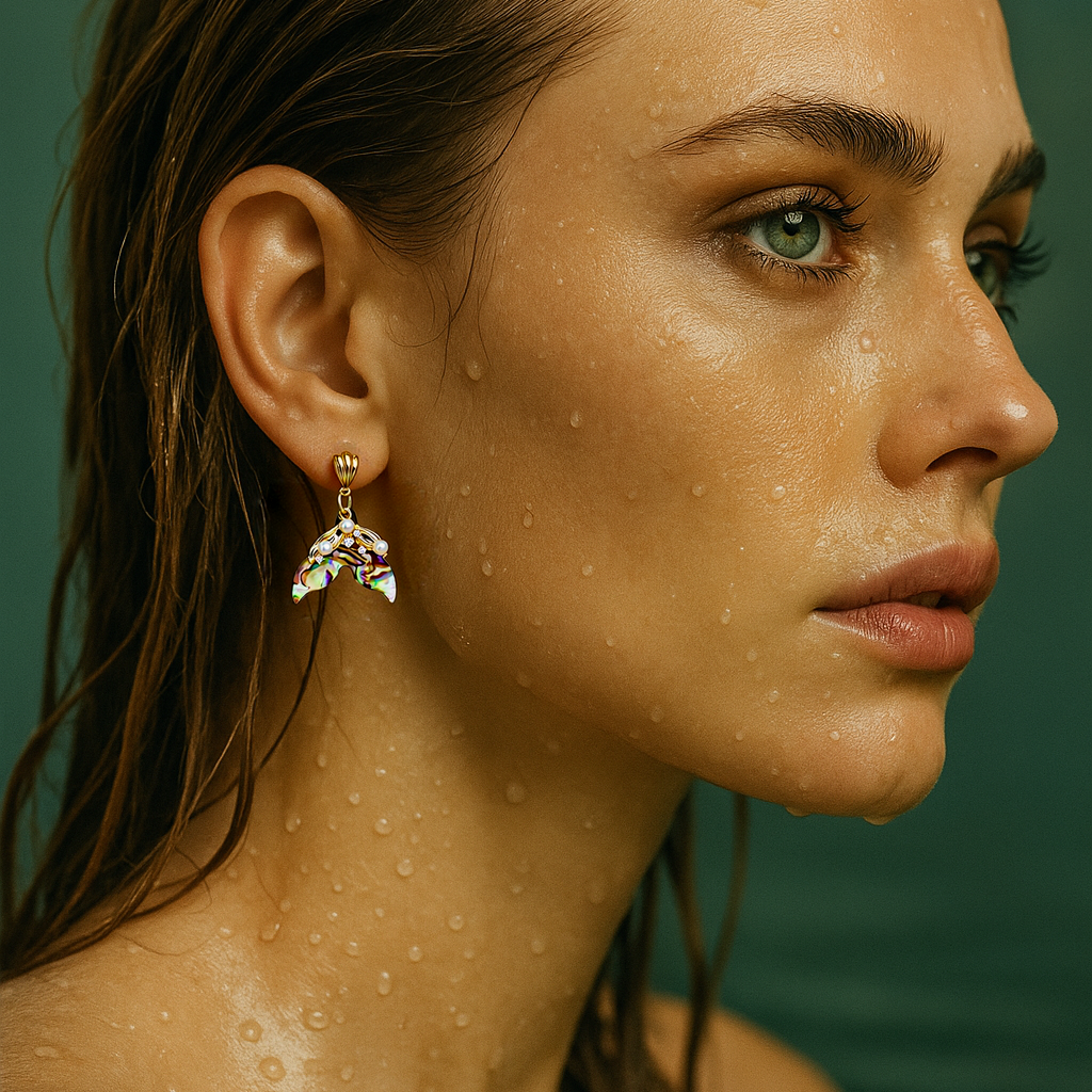 Woman with wet hair and Mermaid Earrings in a body of water