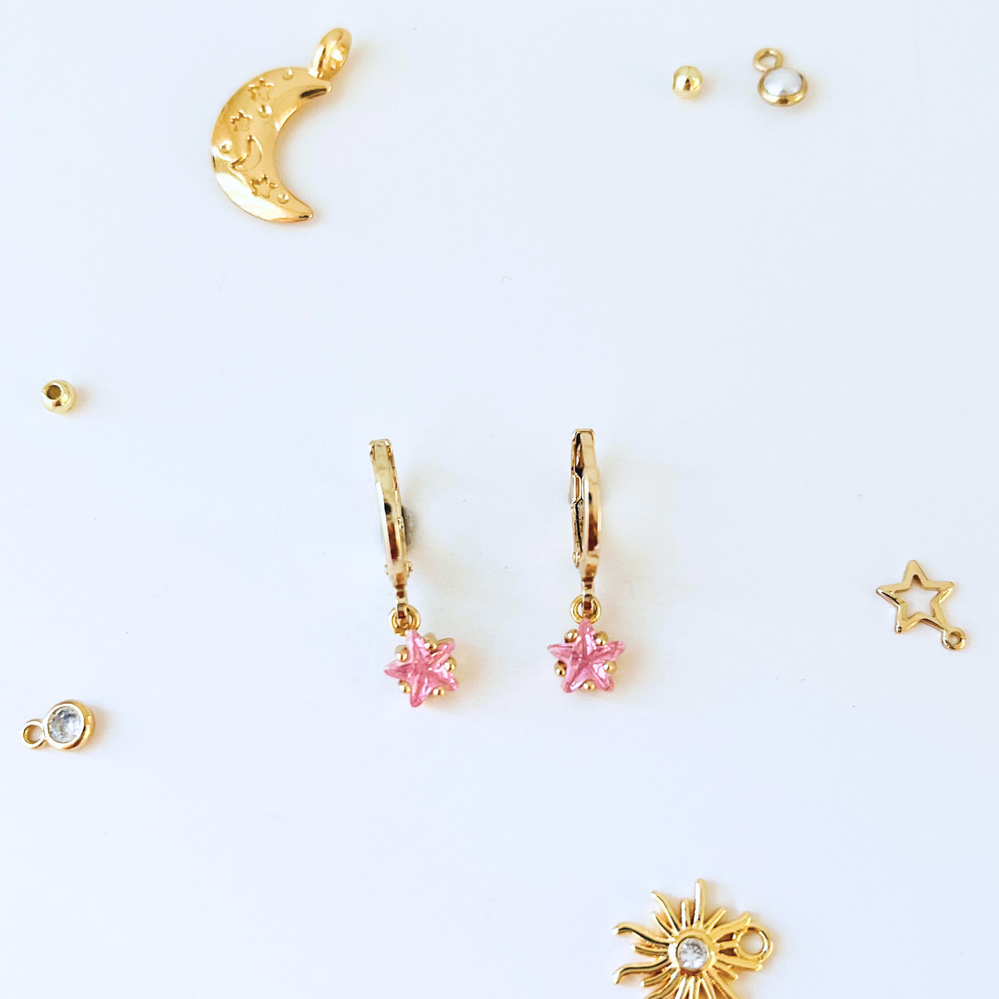 Customized October Birthstone Pink Tourmaline CZ Star Hoop Earrings