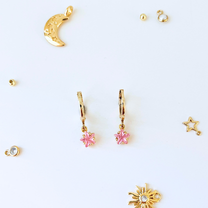 Customized October Birthstone Pink Tourmaline CZ Star Hoop Earrings