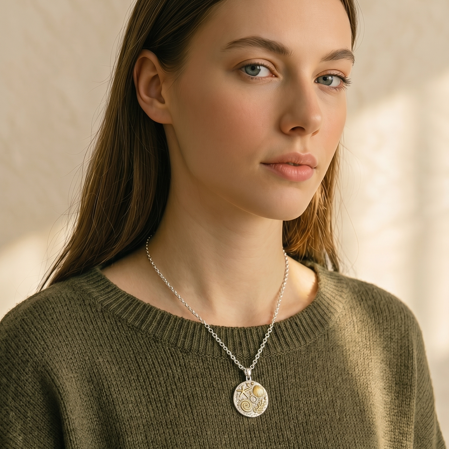 Two-Tone Ocean Coin Necklace | Gold Plated Chain with Water-Resistant Pendant Silver Plated Necklace