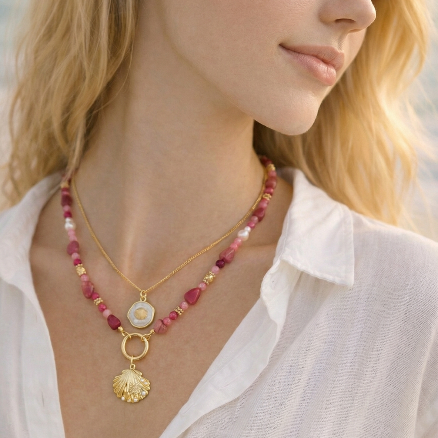 Pink Rhodochrosite and Pearl Natural Gemstone Necklace - Gold Plated Interchangeable Clasp Gemstone Necklace