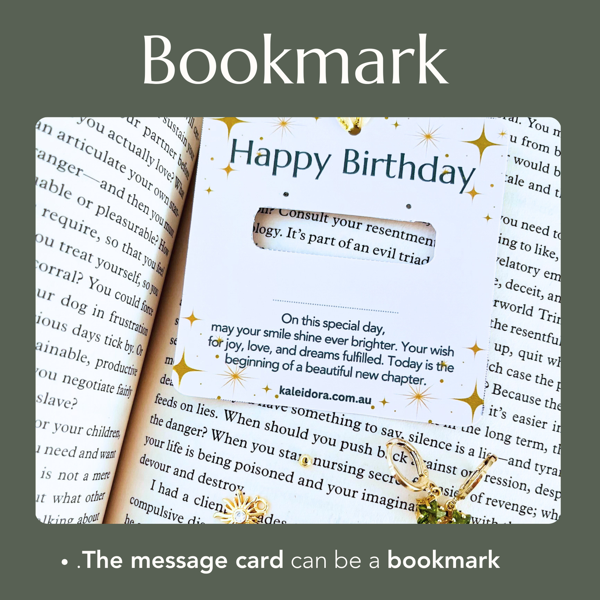 reuse a jewelry holder Message card with 'Happy Birthday' text and decorative elements, acting as a bookmark.