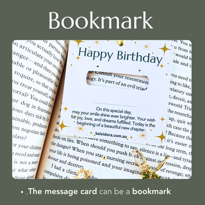 reuse a jewelry holder Message card with 'Happy Birthday' text and decorative elements, acting as a bookmark.