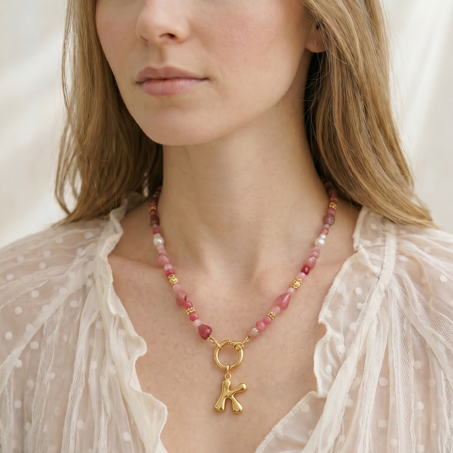 14K Gold Plated Bubble Letter Initial Pendant Gemstone Necklace