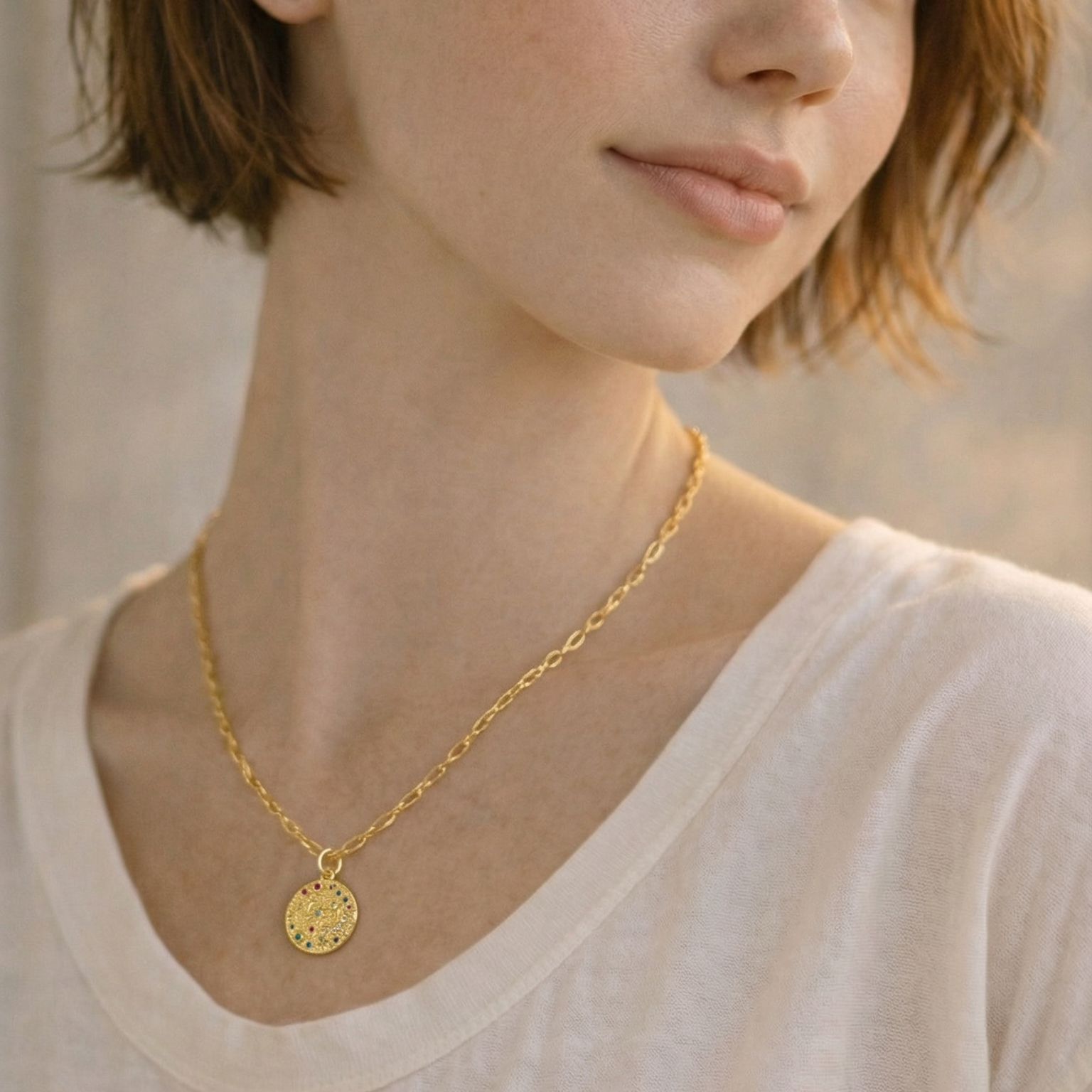 Rainbow CZ Moon Star Necklace | Gold Hammered Celestial Pendant Necklace