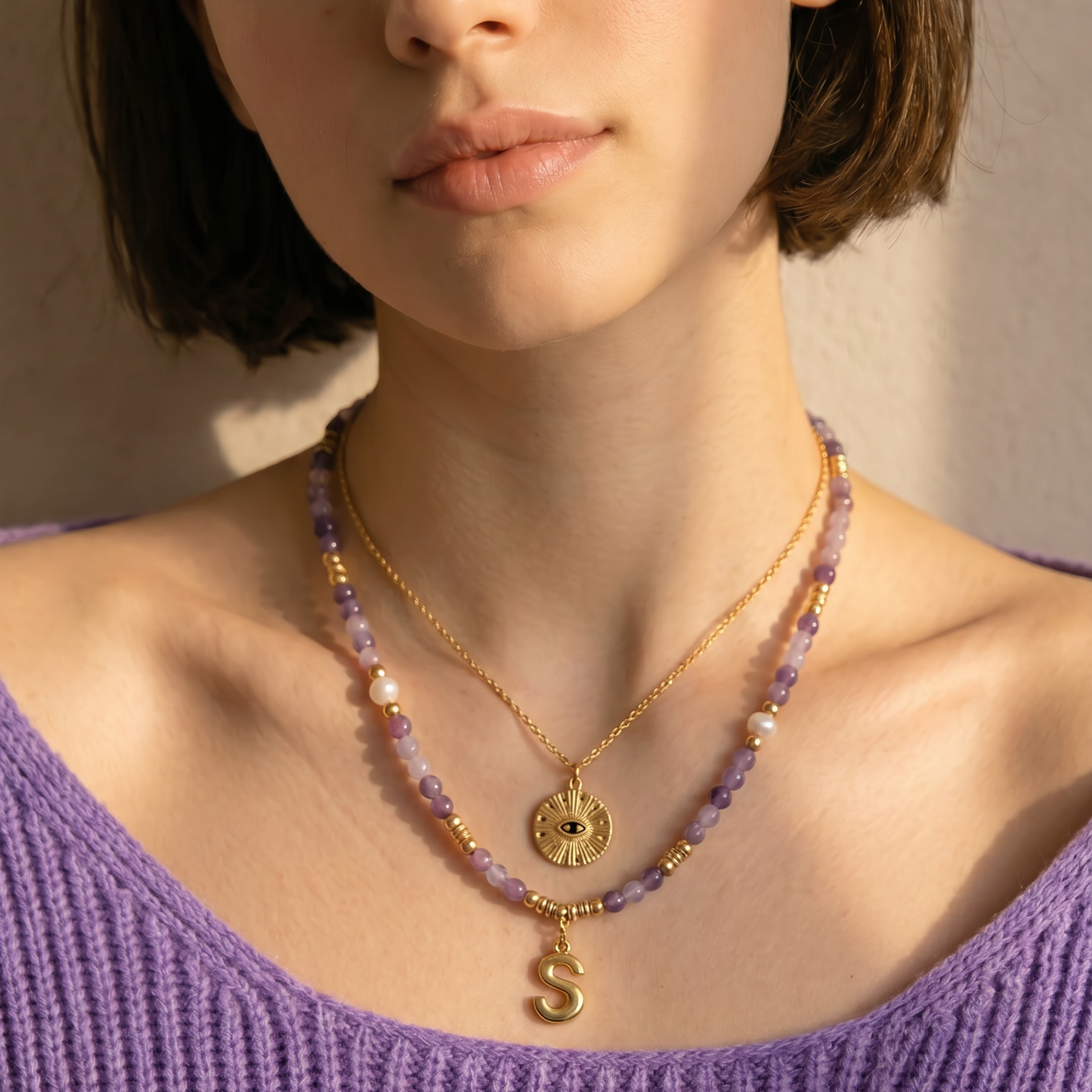 Lavender Purple Chalcedony Gemstone Necklace Customizable Bubble Letter Pendant Initial Charm Gemstone Necklace