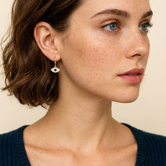Evil Eye Huggie Earrings | Blue & Clear CZ | 14K Gold Plated