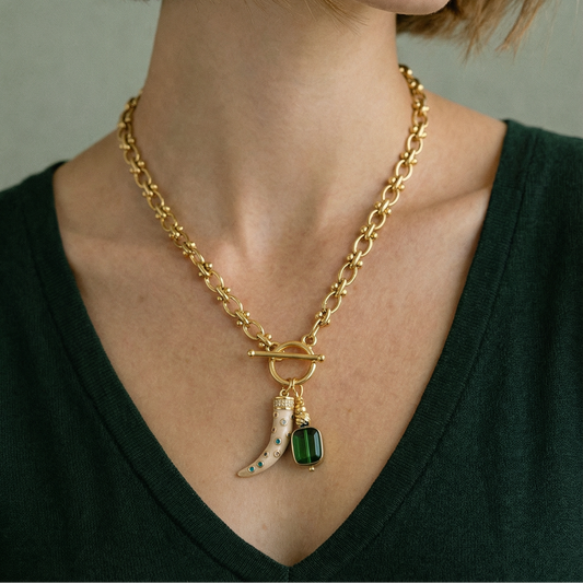 Toggle Clasp Chunky Necklace | Multi-Colour Tusk & Green Glass Bead Pendant | 14K Gold Plated