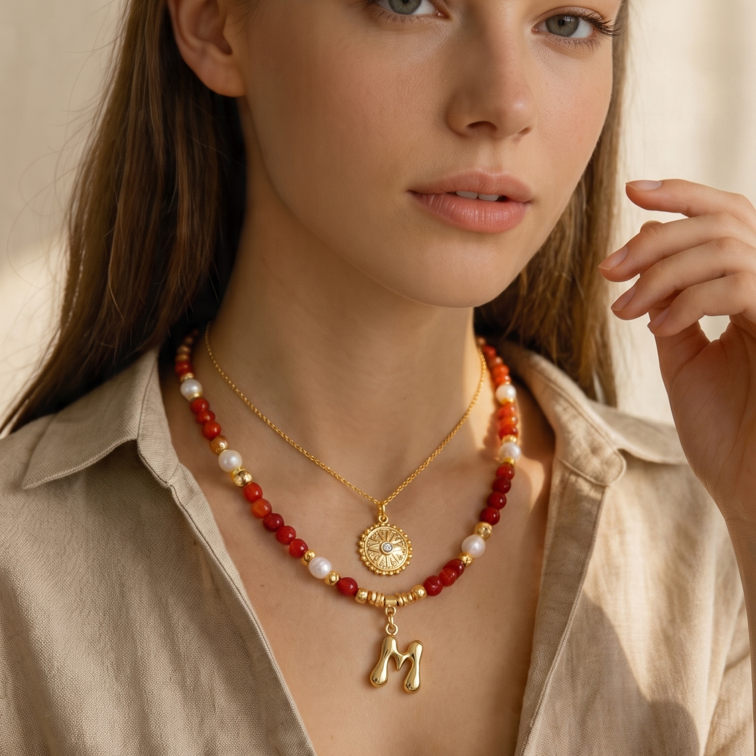Red Carnelian Gemstone Necklace Customizable Bubble Letter Pendant Initial Charm Gemstone Necklace