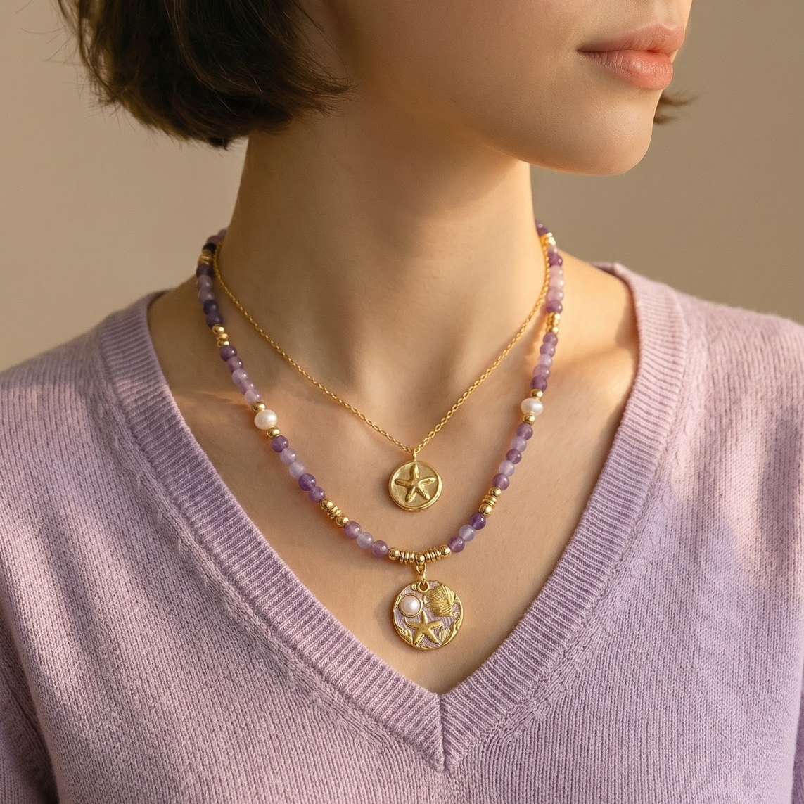 Lavender Chalcedony Necklace | Gold Ocean Treasures & Pearl Pendant Gemstone Necklace