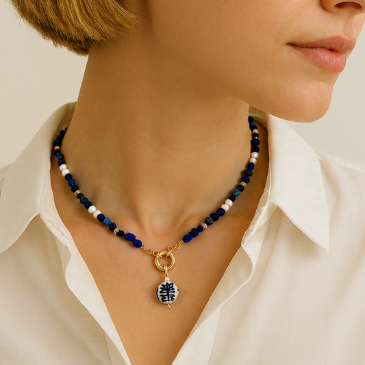 Floral Round Porcelain Charm Pendant - Blue & White Interchangeable Pendant