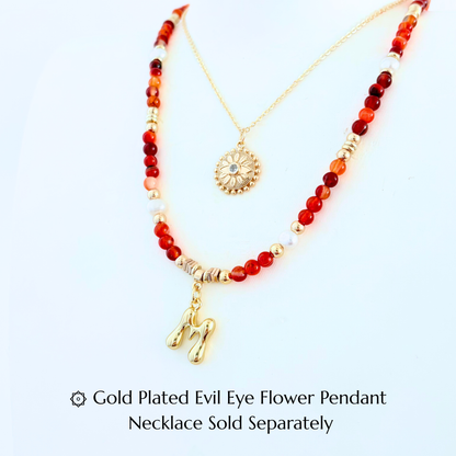 Red Carnelian Gemstone Necklace Customizable Bubble Letter Pendant Initial Charm Gemstone Necklace