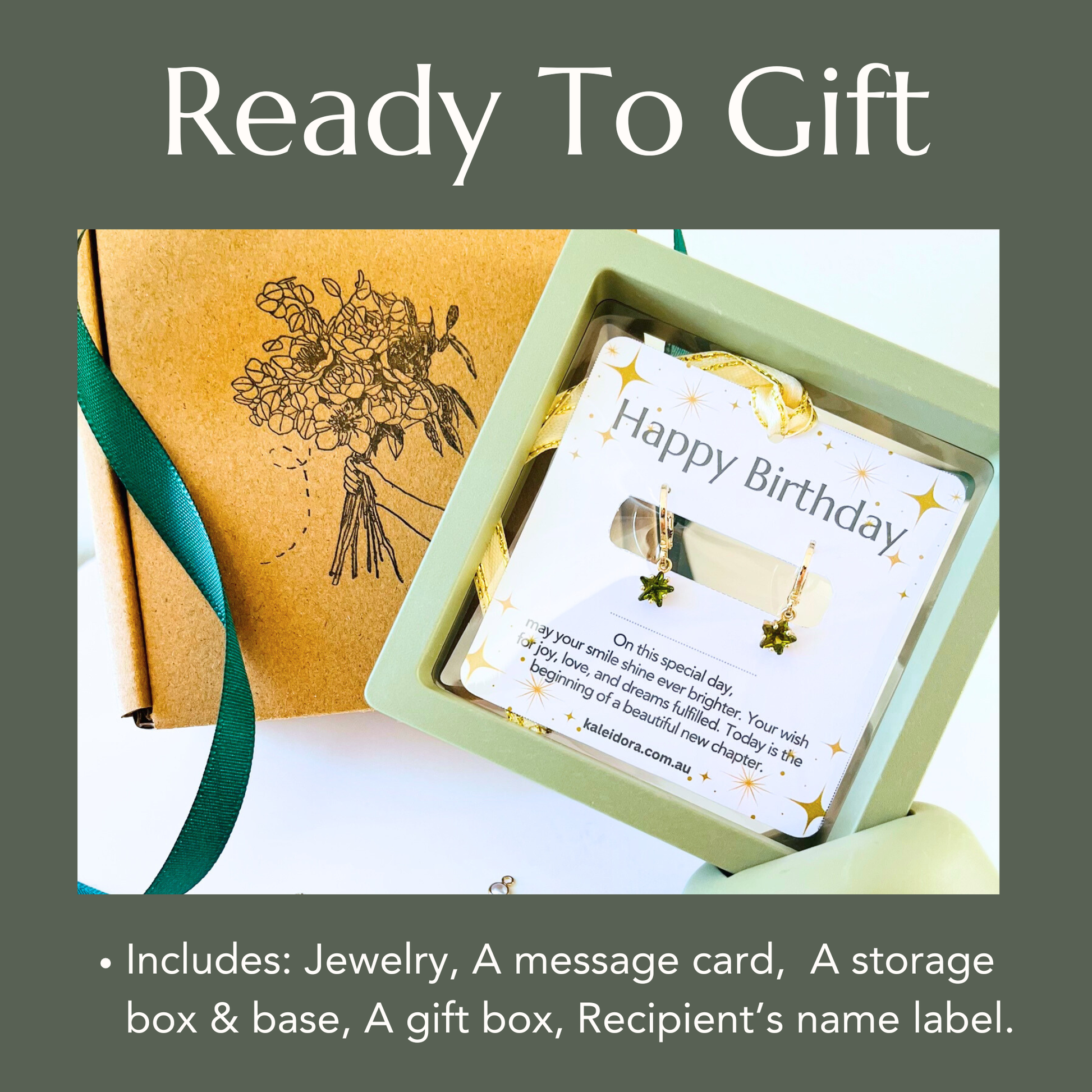 Jewelry set with a message card, storage box, and gift box on a white background.