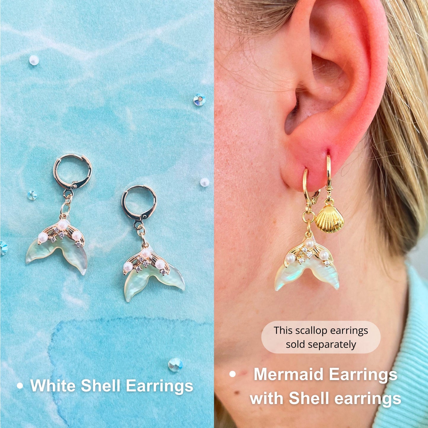 Mermaid tail earrings, Mermaid earrings, ear piercing set, white shell earrings, earrings set for girl, mermaid party favours, mermaid hoop earring, sea creatures earrings, sea earrings, beach earrings, ocean earrings, shell earrings Abalone earrings