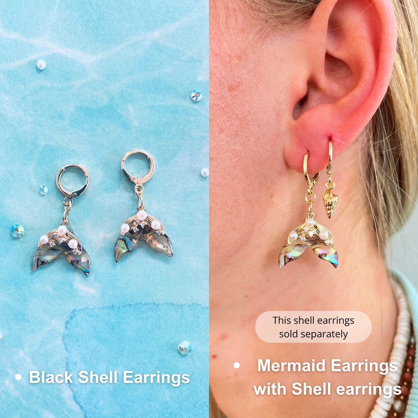 Mermaid tail earrings, Mermaid earrings, ear piercing set, black shell earrings, earrings set for girl, mermaid party favours, mermaid hoop earring, sea creatures earrings, sea earrings, beach earrings, ocean earrings, shell earrings Abalone earrings