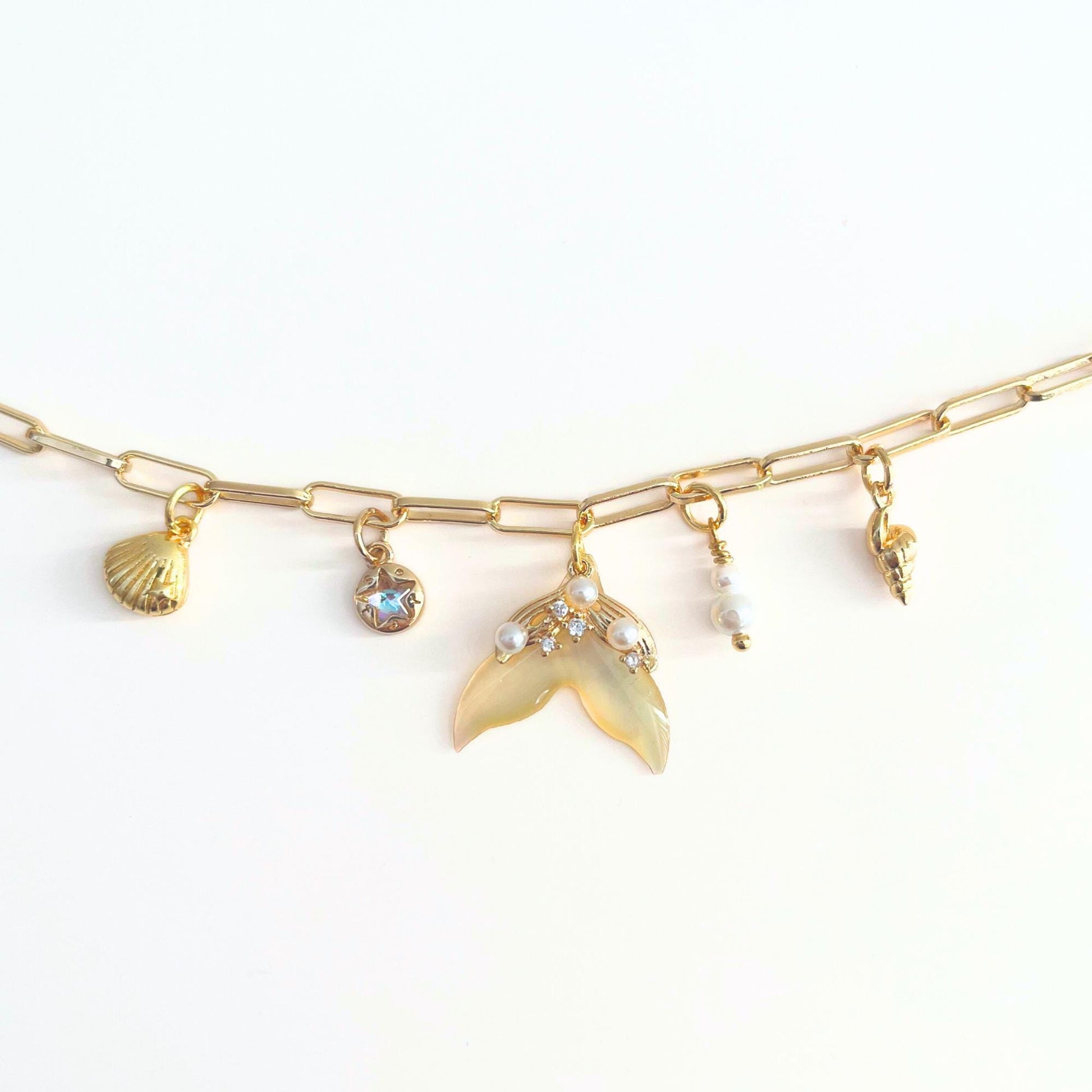 Mermaid Bracelet Ocean Charm Fish Shell Pearl Gold Plated Sea Life Jewelry Dainty Adjustable Beach Bracelet Women BF Birthday Gift Daughter