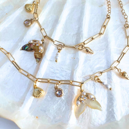 Mermaid Bracelet Ocean Charm Fish Shell Pearl Gold Plated Sea Life Jewelry Dainty Adjustable Beach Bracelet Women BF Birthday Gift Daughter