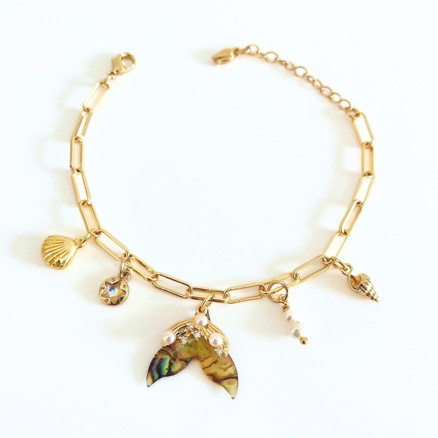 Mermaid Bracelet Ocean Charm Fish Shell Pearl Gold Plated Sea Life Jewelry Dainty Adjustable Beach Bracelet Women BF Birthday Gift Daughter