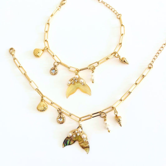 Mermaid Bracelet Ocean Charm Fish Shell Pearl Gold Plated Sea Life Jewelry Dainty Adjustable Beach Bracelet Women BF Birthday Gift Daughter