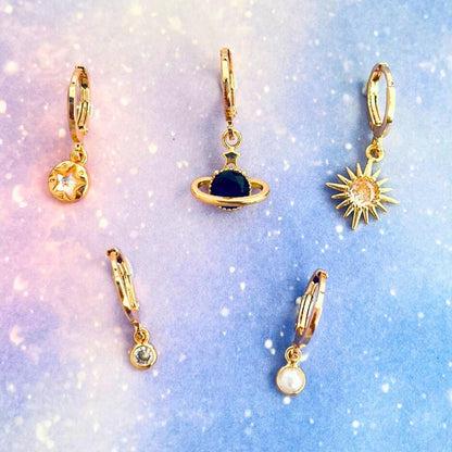 Star Earrings Gold Huggies Sun Hoops Planet Charm Galaxy Jewelry Build Your Own Set Dainty Gift for Her Birthday Present Stackable Hoops