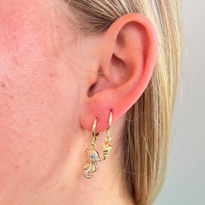 Seahorse Earrings Animal Jewellery Sealife Ocean Charm Sea Beach Gold Plated Hoop Stack Girl Birthday Gift Ocean Lover Jewelry BBF Present