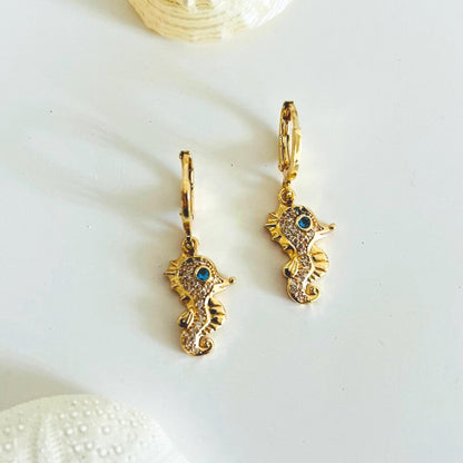 Seahorse Earrings Animal Jewellery Sealife Ocean Charm Sea Beach Gold Plated Hoop Stack Girl Birthday Gift Ocean Lover Jewelry BBF Present