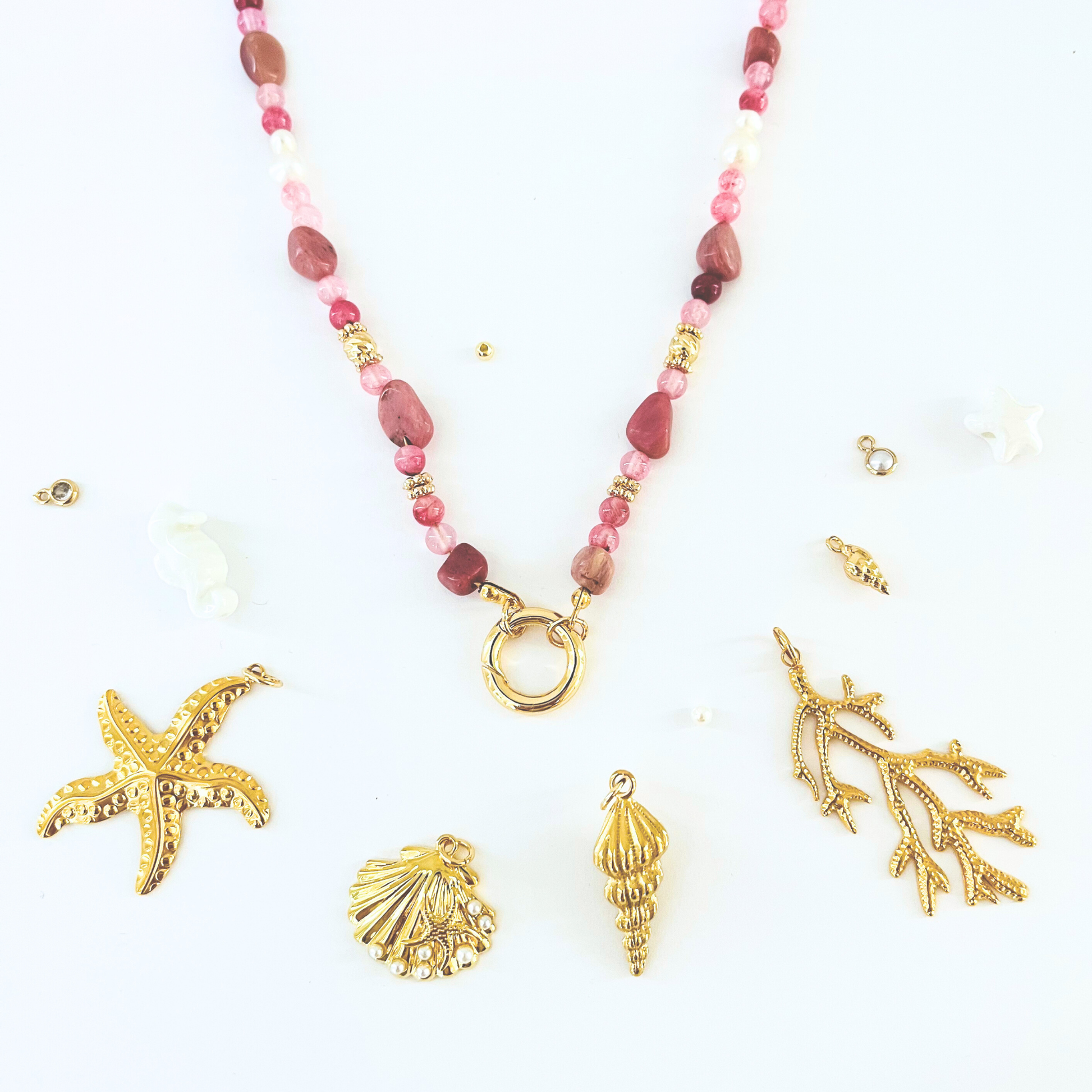 Pink Rhodochrosite and Pearl Natural Gemstone Necklace - Gold Plated Interchangeable Clasp Gemstone Necklace
