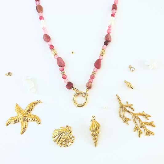 Pink Rhodochrosite and Pearl Natural Gemstone Necklace - Gold Plated Interchangeable Clasp Gemstone Necklace