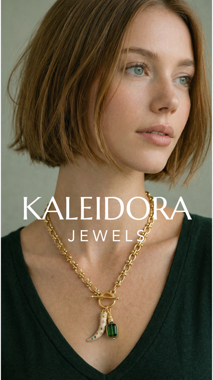 Toggle Clasp Chunky Necklace | Multi-Colour Tusk & Green Glass Bead Pendant | 14K Gold Plated