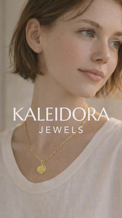 Rainbow CZ Moon Star Necklace | Gold Hammered Celestial Pendant