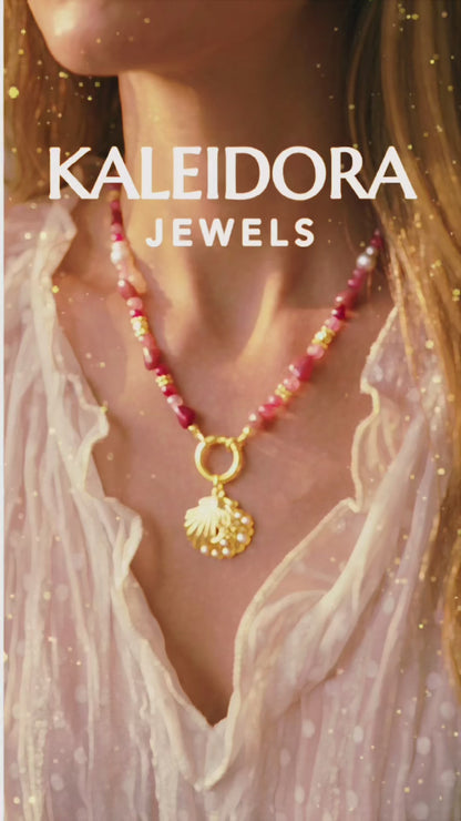 Pink Rhodochrosite and Pearl Natural Gemstone Necklace - Gold Plated Interchangeable Clasp