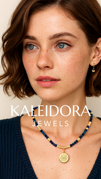 Lapis Lazuli Gemstone Necklace with Gold Plated CZ Star Round Pendant