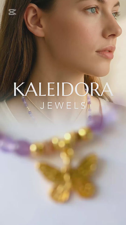Lavender Purple Chalcedony Gemstone Necklace | Gold Plated Butterfly Pendant & Nugget Pearls