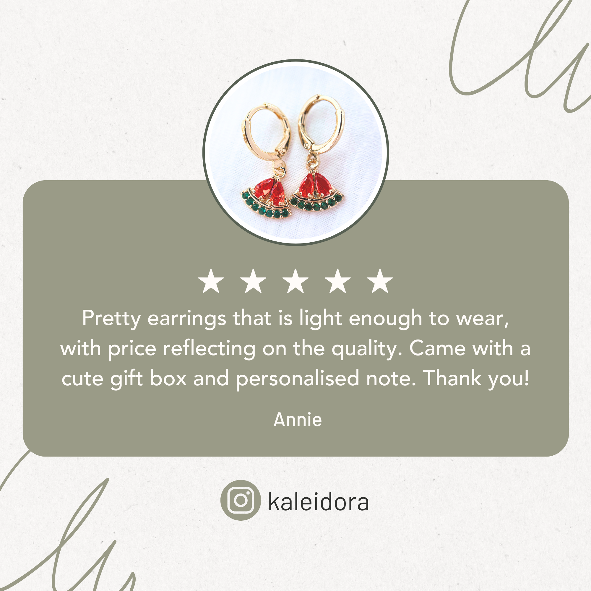 Pair of earrings with a five-star rating and review on a light green background