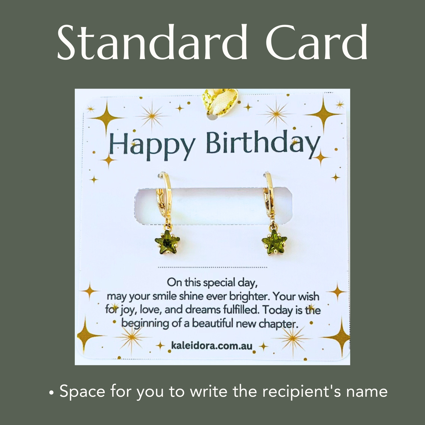 standard Birthday card with gold earrings on a white background